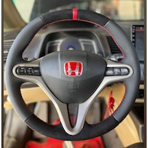 Honda Civic Fd6 Araca Özel Direksiyon Kılıfı Tüylü Alcantra Nokta Kırmızı Yüzüklü