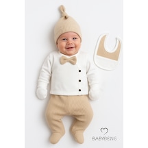 Babyden's Erkek Bebek Hastane Çıkışı 5'li Takım %100pamuk Ribana Kumaş Papyonlu Zıbın, Şapka,eldiven,önlük,alt Bej