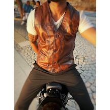 Hakiki Kuzu Derisi Avcı Yelek Özel Üretim Erkek Kahverengi Düğmeli Motorcu Yeleği Gerçek Leather
