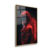 Kırmızı Neon Işıklı Astronot Gold Çerçeveli Cam Tablo