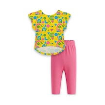 Haribo Lisanslı Fırfırlı Kollu Desenli T-shirt Tayt Takım Sarı