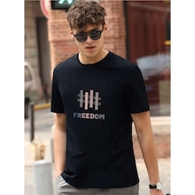 Unisex Oversize Freedom Baskılı Bisiklet Yaka Siyah T-shirt Siyah