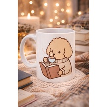 Kitap Okuyan Sevimli Köpek Tasarımlı Porselen Kupa Model 190 Kahve Temalı Tatlı Köpek Kahve Kupası