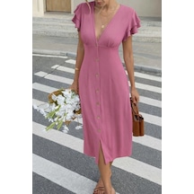 Defymoda Kadın Kısa Kollu V Yakalı Önden Düğmeli Bürümcük Midi Elbise Pembe