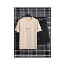 Medinenur El Yazı Detaylı Baskılı T-shirt Short Bol Paça Rahat Kalıp Siyah Alt Siyah Üst Short Takım Bej