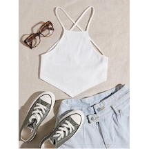 Liona Halter Yaka Sırtı Açık Çapraz Askılı Bağcıklı Beyaz Renk Fitilli Crop Top Bluz