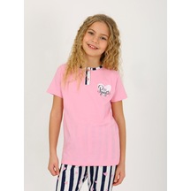 Kız Çocuk Kısa Kollu Düğme Detaylı %100 Pamuklu Pijama Takımı Princess Heart Koyu Pembe
