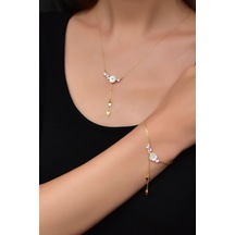 Papatya Silver 925 Ayar Gümüş Gold Kaplama Zincir Sallantılı Taşlı Sedef Manolya Çiçeği Kolye ve Bileklik Set