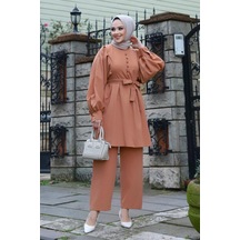 Düğme Detaylı Tesettür Camel Takım Camel