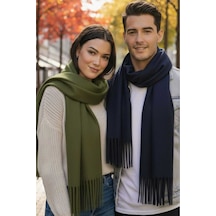 Tezzgelsin Unisex Yumuşak Dokulu Püsküllü Kışlık Buklet Atkı Şal 2'li Set Yeşil - Lacivert