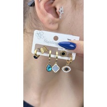 Çoklu Küpe, Sallantılı, Halka, Taşlı, Van, Göz, Paslanmaz Küpe 411 Altın Renk Altın