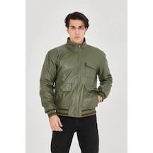 Erkek Fermuarlı İçten Elyaf Ve Astarlı Suni Deri Ceket - Koyu Yeşil Çok Renkli