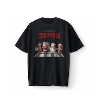 Bumeta Christmas Crossing Santa Geyik Ve Kardan Adam Baskılı Oversize Unisex Tişört T-shirt Siyah