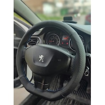 Dikişli Direksiyon Kılıfı Karbon / Nokta Deri Mavi Dikişli Peugeot 301 Ve Citroen Elysee İçin Renkli