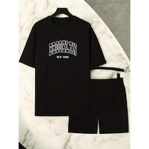 Uyguntarz Unisex Brooklyn Baskılı Tasarım Şort Takım Siyah