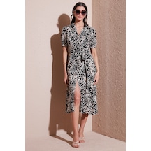 Lela Desenli Relaxed Fit Balon Kol Yırtmaçlı Kemerli Midi Boy Bayan Elbise 67810558 Leopar