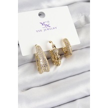 Pirinç Zirkon Taşlı Halka Model Gold Renk 3'lü Kadın Küpe - Tj-bkp10946 Çok Renkli