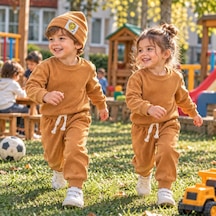 Hukids Unisex Fitilli 3'lü Bebek/çocuk Takımı Hardal