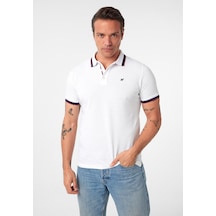 Javeir Erkek Regular Fit Çizgi Detaylı Polo Yaka T-shirt Beyaz