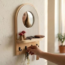 Aynalı Ahşap Duvar Hol Anahtar Askısı, Minimalist Dekoratif Modern Anahtarlık Natürel