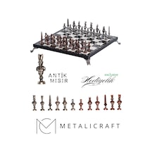 Mc57 Antik Mısır Figürlü Metal Satranç Takımı - Mermer Desenli 25cm Tahta El Yapımı Taşlar