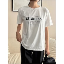 Guardian T-shirt - Beyaz Baskılı Oversize Bisiklet Yaka Kısa Kol Beyaz