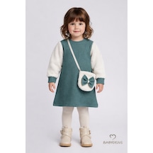 Babyden's Bayramlık Şık Ve Rahat Kız Bebek Elbise Çantalı Yumuşak Peluş Kollu Kışlık Çocuk Kombini Haki