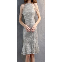 Hanife Glam Couture Hanife Glam Boncuk Detaylı Pulpayet Abiye Elbise Gümüş