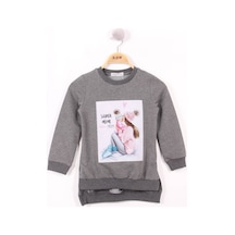 Toontoy Kids Toontoy Kız Çocuk Regular Fit Bisiklet Yaka Baskılı Yırtmaçlı Sweatshirt - Arkası Uzun & 2 İplik Antrasit