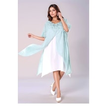 Mamayaga Kadın Kısa Kol İşlemeli Yaka Büyük Beden Yazlık Ön Arka Parça Yırtmaçlı %100 Cotton Curve Elbise Mint Yeşili