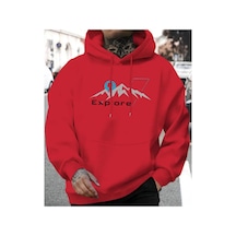 Herkesemoda Expore Yazı Detaylı İçi Polarlı Kapüşonlu Sweatshirt Kırmızı