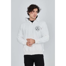 Erkek 3 İplik Pamuklu Fermuarlı Kapüşonlu Kanguru Cepli Baskılı Hoodie - Beyaz