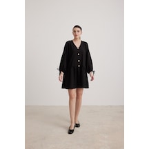 Violevin Kadın Keten Kol Bağlama Detaylı Siyah Elbise Vl7260-55-siyah