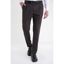 Comfort Fit Yan Cep Esnek Pamuklu Gabardin Tek Pileli Kahverengi Pantolon P 1211