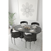 Avvio Miranda Ptt Silindir Ayak 80x140 Oval Yemek Masası Mutfak Masası Masa Sandalye Takımı Siyah Mermer