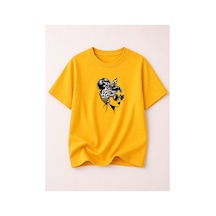 Herkesemoda Kadın Figürlü Baskı Detaylı Kadın Bisiklet Yaka Pamuklu T-shirt Sarı