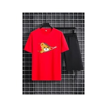Medinenur Fermuar Ayıcık Desen Baskılı T-shirt Short Bol Paça Rahat Kalıp Siyah Alt Siyah Üst Short Takım Kırmızı
