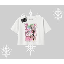 Tarzsokak Oversize Crop Tshirt Anime Kawaii Japon Kız Desenli Beyaz
