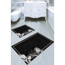 Siyah Çiçekli Banyo Halısı Klozet Takımı Paspas Seti Bs014n11