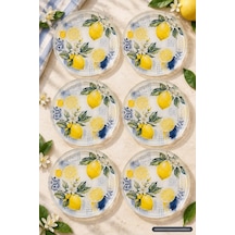 6 Lı Cam Tatlı Tabağı Limon Desenli Mavi Akdeniz Esintili 16 Cm, 6 Adet Tatlı Tabağı