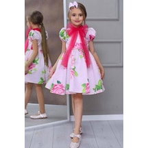 Riccotarz Kız Çocuk Çiçek Baskılı Yakası Transparan Fiyonk Detaylı Pembe Elbise 001