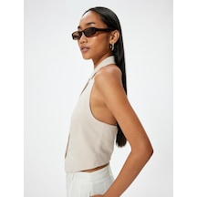 Koton Halter Yaka Yelek Crop Düğmeli Ters Yaka Bej Çizgili 4sak20077uw Ekru
