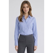 Tudors Kadın Slim Fit Dar Kesim Pamuklu Uzun Kollu Çizgili Mavi Kadın Gömlek-51527