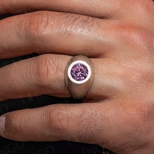925 Ayar Gümüş Yuvarlak Pembe Zirkon Taşlı Sade Erkek Yüzük Gümüş