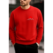Kırmızı Dağ Baskılı Bisiklet Yaka Sweatshirt Kırmızı