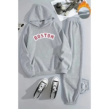 Unisex Kırmızı Boston Baskılı Kapüşonlu Gri Eşofman Takımı - Kışlık Şardonlu Kumaş Gri