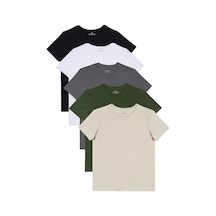 Tudors Unisex 5'li Paket Siyah-beyaz-k. Gri-haki-taş Slim Fit Dar Kesim %100 Pamuk Bisiklet Yaka Tişört-33121 Multi Çok Renkli