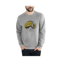 Kulaklık Ve Hip Hop Şapkalı Sevimli Baskılı Gri Erkek Sweatshirt