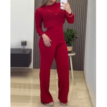 Butik İstanbul Kadın Uzun Kollu Yuvarlak Yaka Transparan Detaylı Triko Bluz Ve Pantolon Ikili Takım Kırmızı