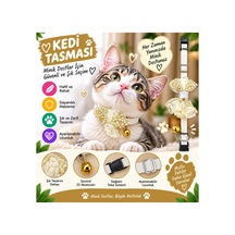Kedi Tasması Krem Taşlı Çiçek Papyonlu Altın Zilli Ayarlanabilir Klipsli Kedi Boyun Tasması